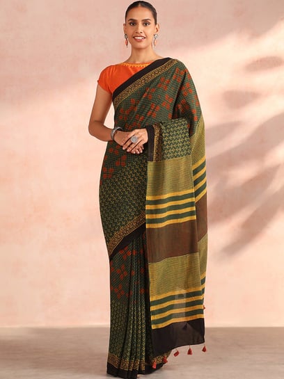 Buy Dark Green Cotton Linen Saree online-Karagiri – Karagiri Global