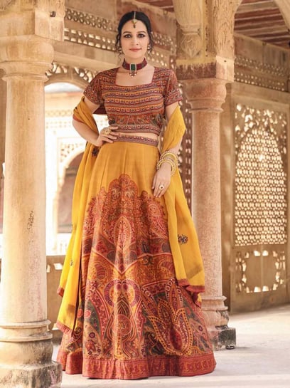 Ri.Ritu Kumar | Fuchsia & Orange Lehenga Set With Dupatta | INDIASPOPUP.COM