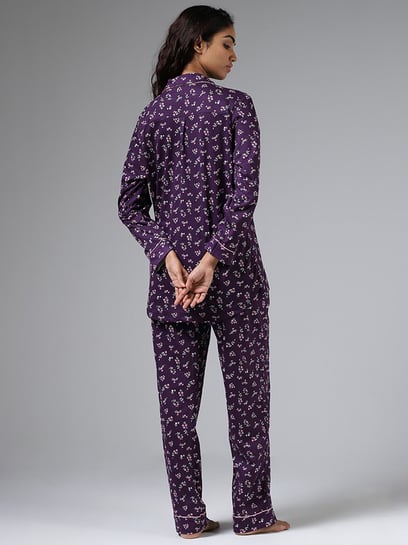 Wunderlove by Westside Violet Ditsy Floral Printed Shirt & Pyjamas Set