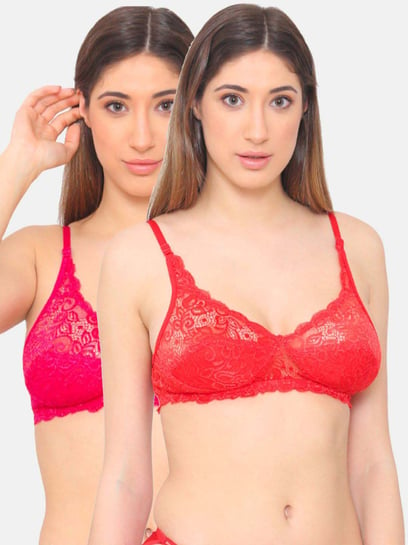 N-Gal Maroon & Blue Lace Work Bralette Bras - Pack Of 2