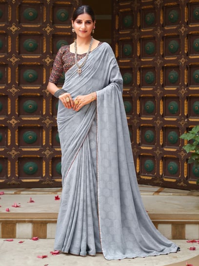 Grey Color Georgette Ruffled Saree with Readymade Blouse