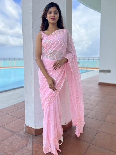 Buy Party Wear Baby Pink Pleated Silk Saree with White Blouse Online