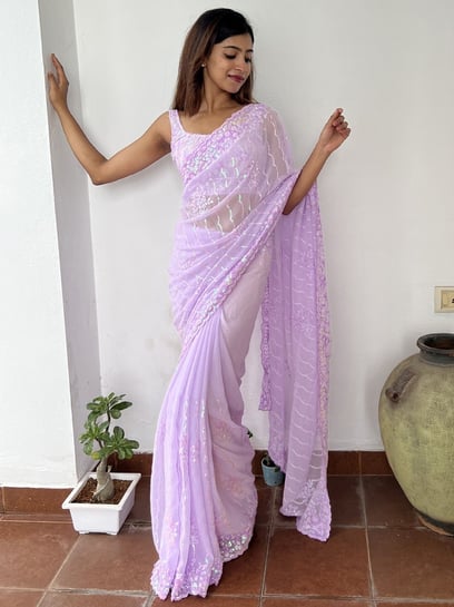 Light Purple Lycra Ready Pleated Saree With Crop Top In Sequins Embroi –  paanericlothing