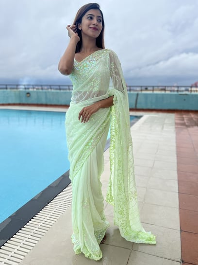 Buy Green Saree Organza Embroidered Katori Work With Tie-up Blouse For  Women by Pallavi Jaipur Online at Aza Fashions.