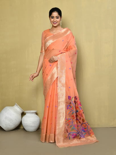 Peach Pink Zari Woven Georgette Saree with Contrast Border & Blouse – Ethnos