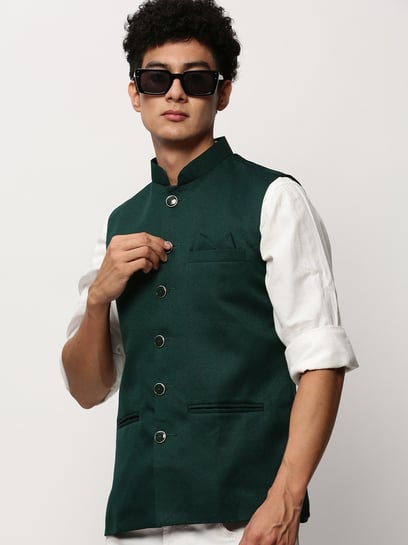 Buy Green Jaquard Banarasi Silk Nehru Jacket (NMK-6685) Online