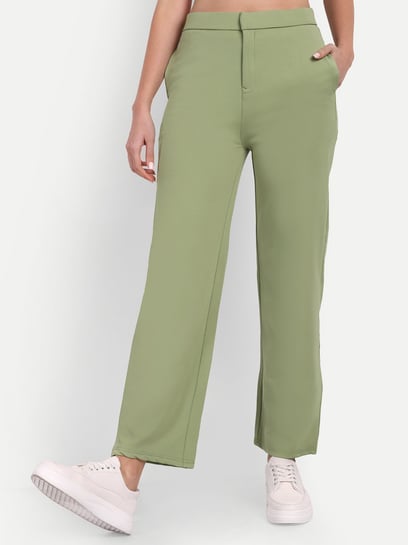 Buy Olive Green Cotton Mid-Rise Elasticated Wide Legged Pant Online at  SeamsFriendly