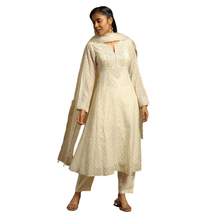 Buy Off White Chanderi Cut-Work Embroidered Suit Set Online - Ritu