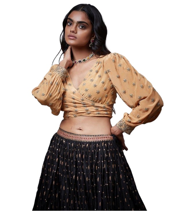 Beige Satnam Embroidered Wrap Blouse