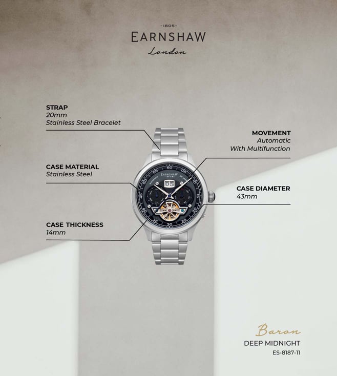 Thomas Earnshaw Baron ES-8187 Orologio Uomo Automatico Quadrante Aperto, Grande Data, Cassa 43mm Acciaio, Pelle