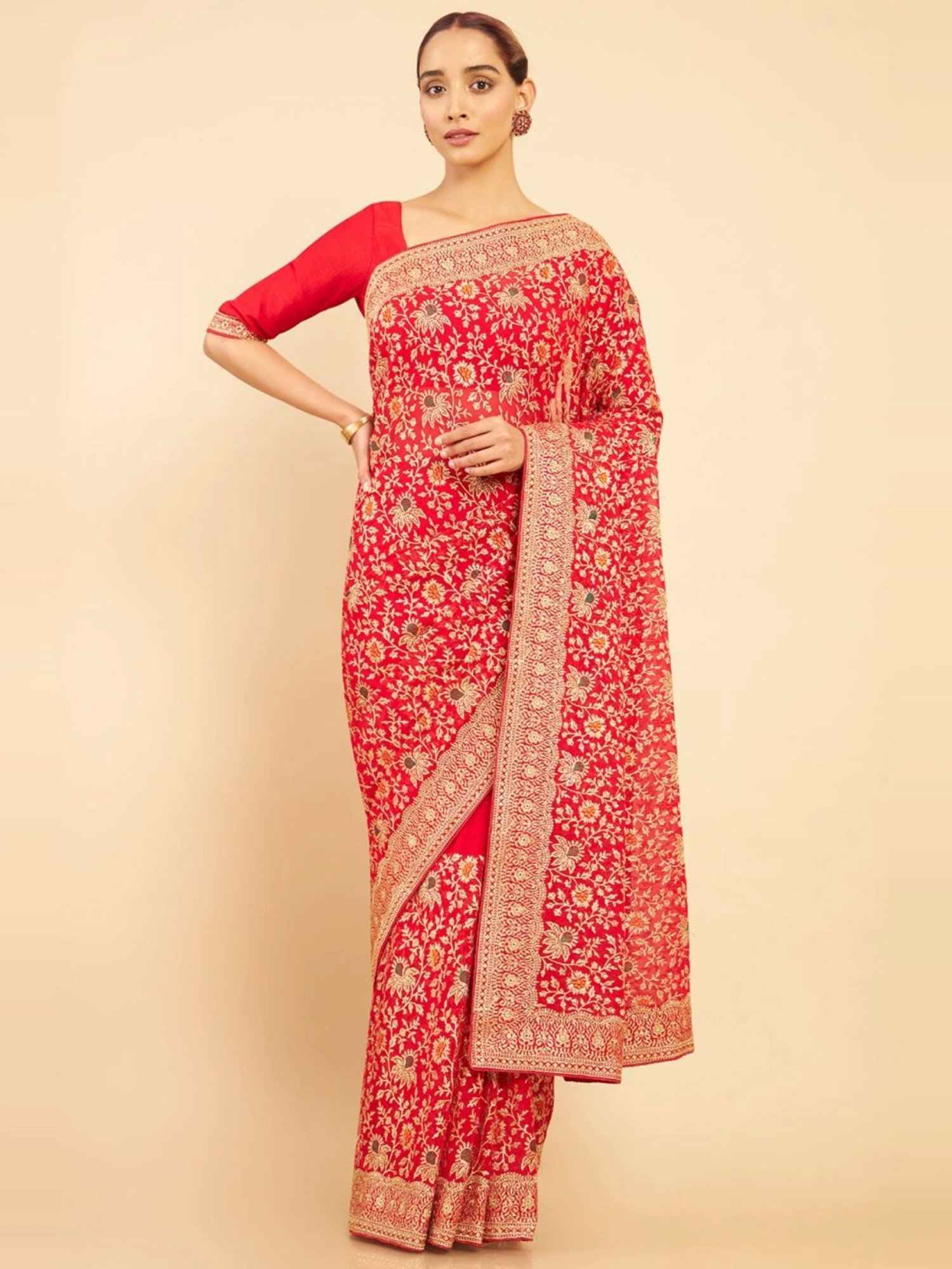 Buy Soch Embroidered Red Saree with Unstitched Blouse online