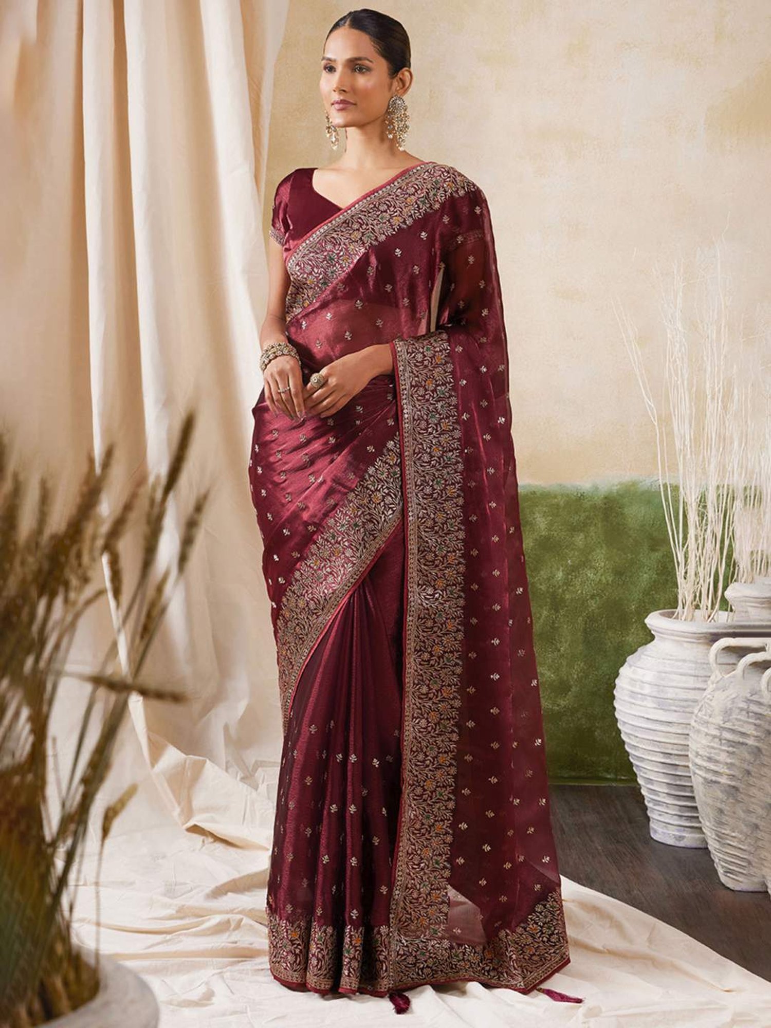 Soch Maroon Embroidered Saree With Unstitched Blouse