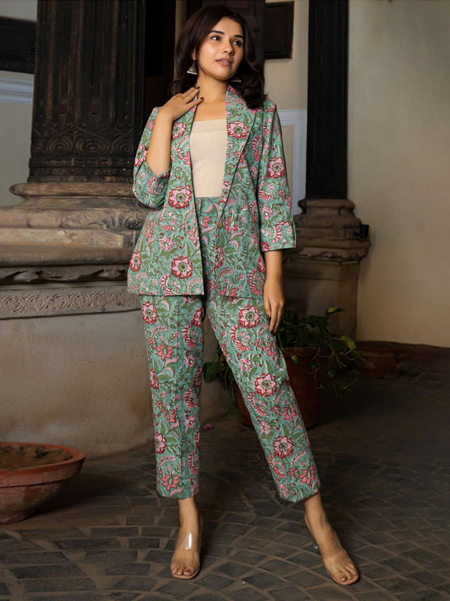 Floral Plunge Blazer & Trouser Suit Set