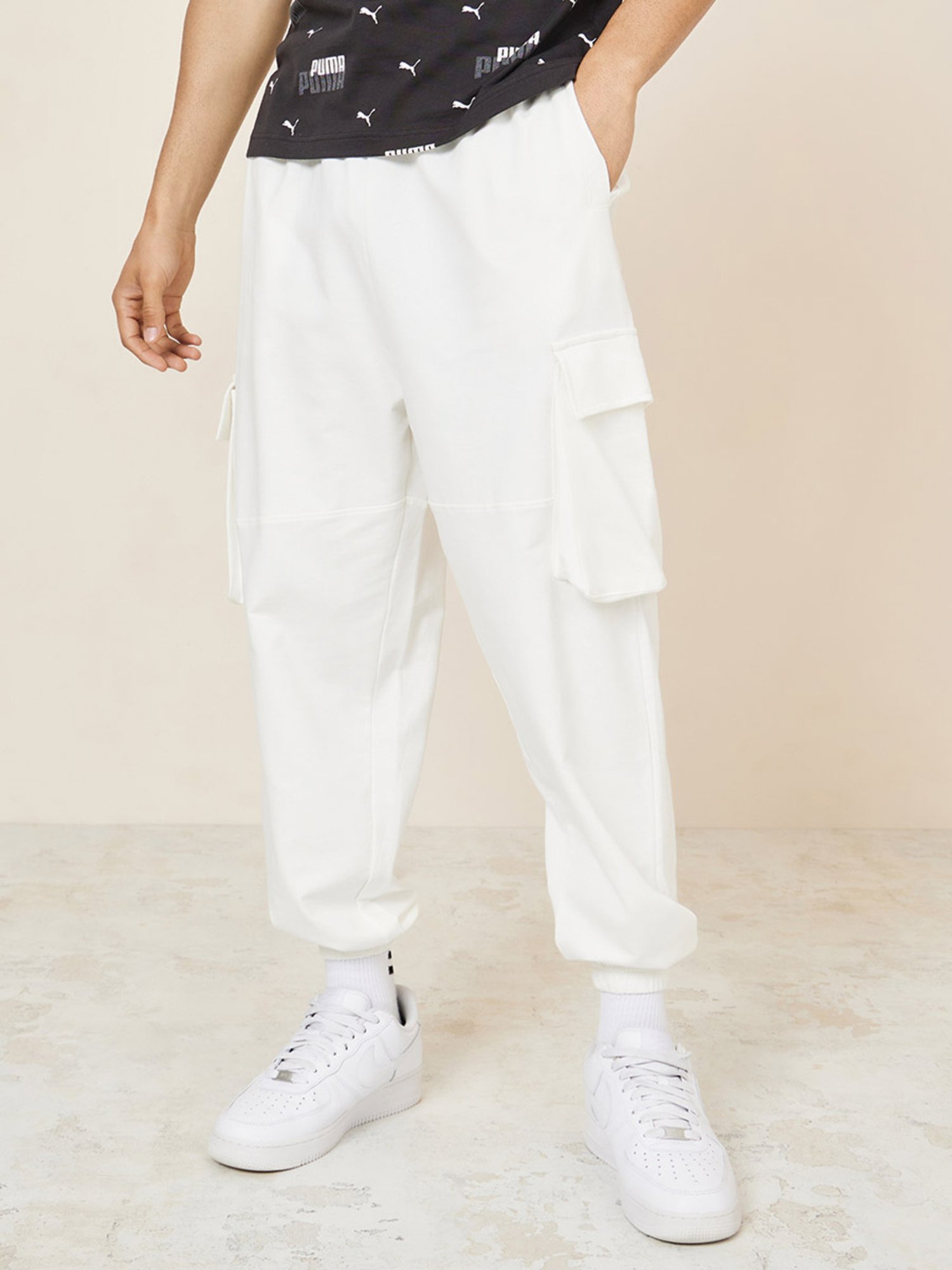 Buy Styli Cream Cotton Relaxed Fit Joggers for Mens Online @ Tata CLiQ