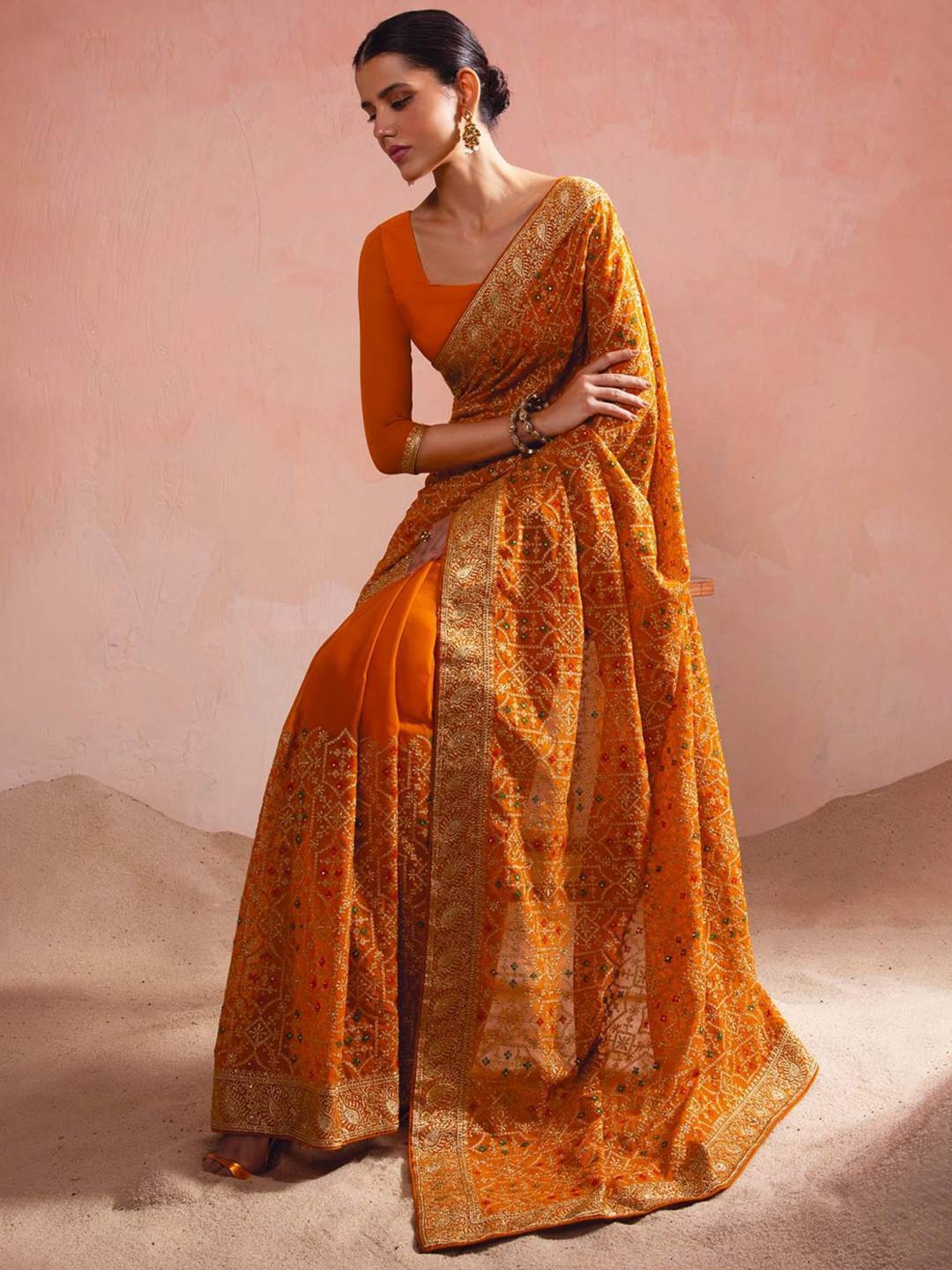 Narangi Orange Georgette Silk Saree With Designer Blouse – Zari Banaras