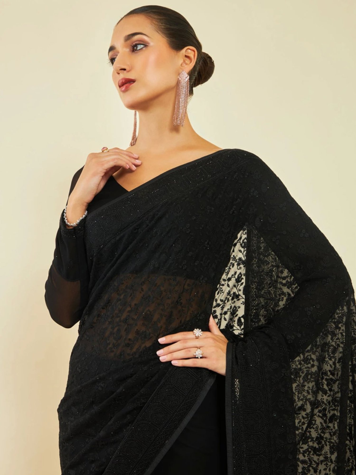 Grey Georgette Saree With Ethnic Embroidery And Embellishments at Soch