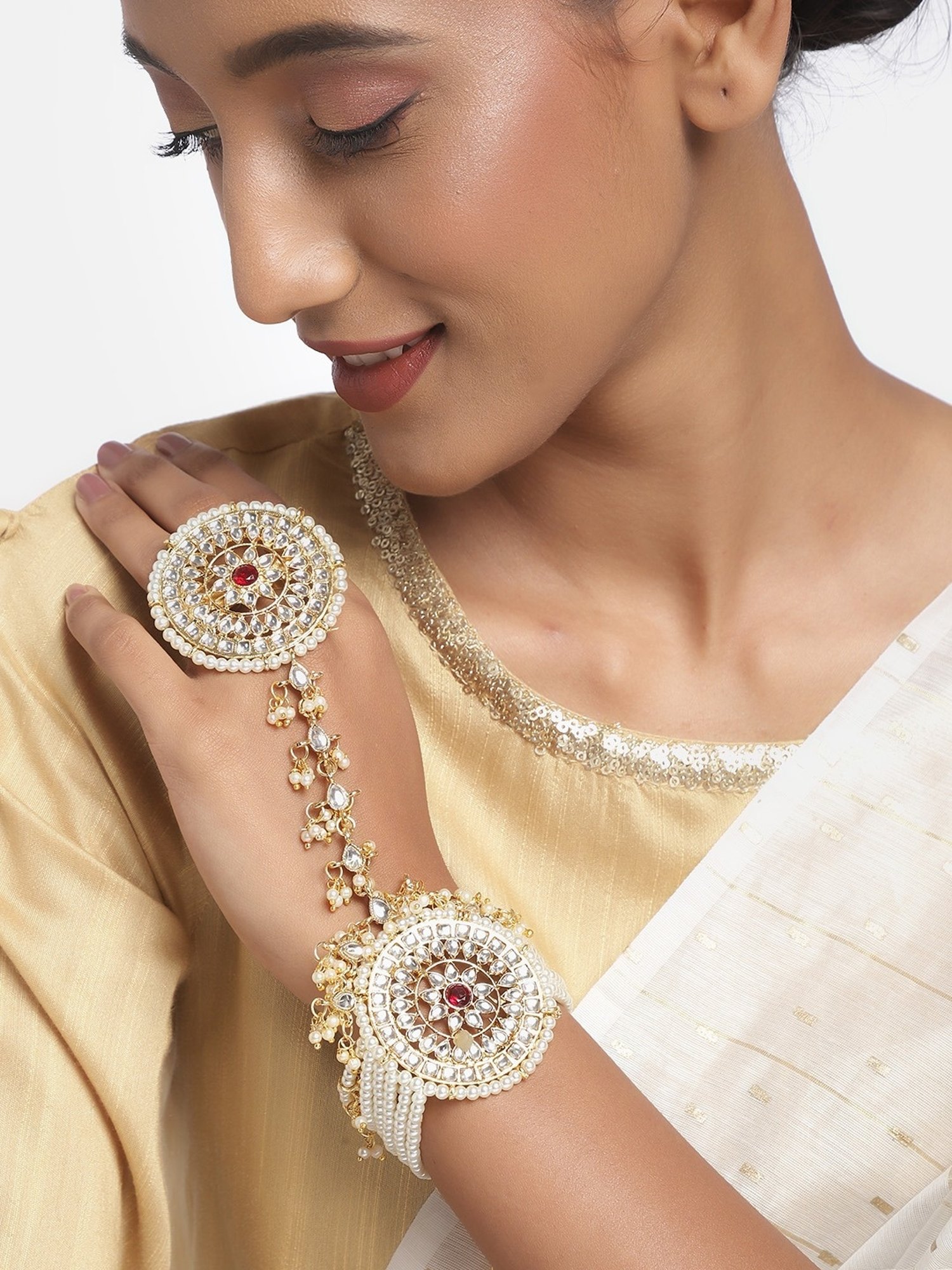 Buy Zaveri Pearls Kundan & Pearls Bridal Hand Harness Hand Harness