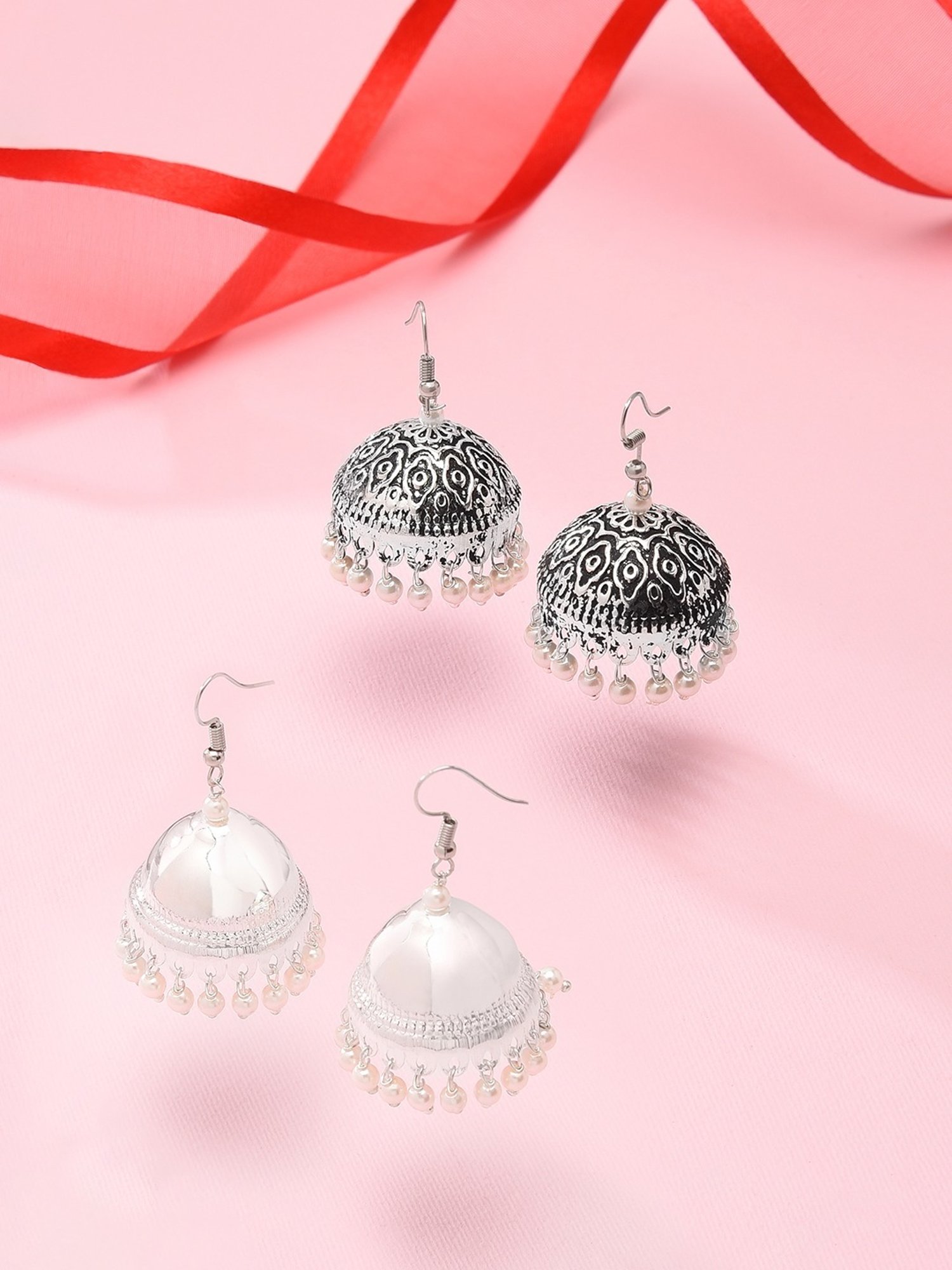 Buy Zaveri Pearls Set of 2 Antique Silver Oxidized Earrings Online