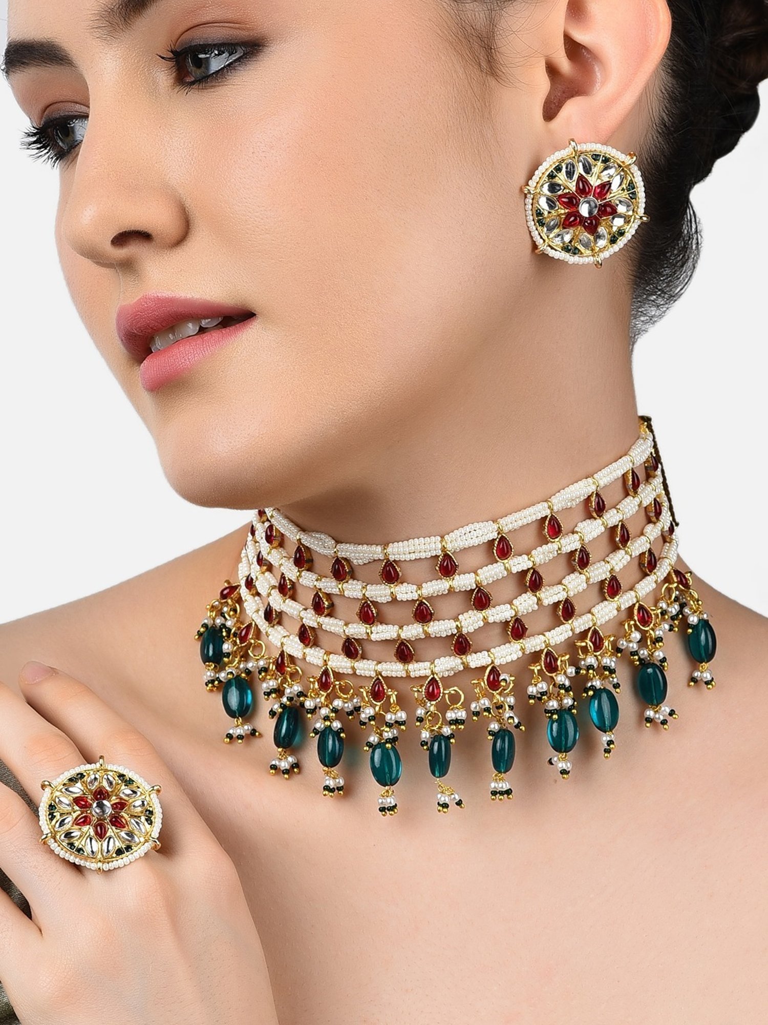 Buy Zaveri Pearls Pink & Green Beads Jewellery Set-ZPFK11071