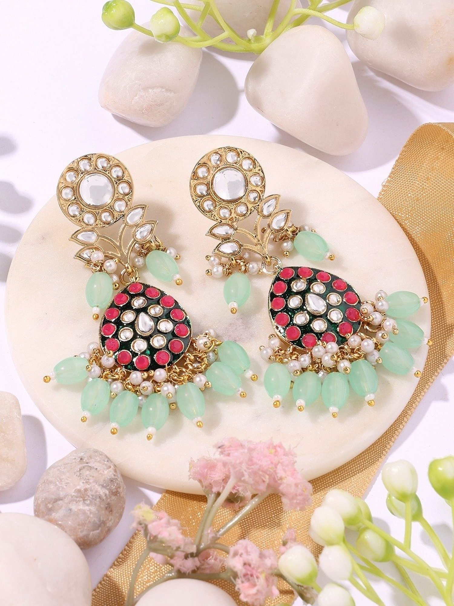Buy Zaveri Pearls Rani Pink & Green Earring-ZPFK16761 Online At 