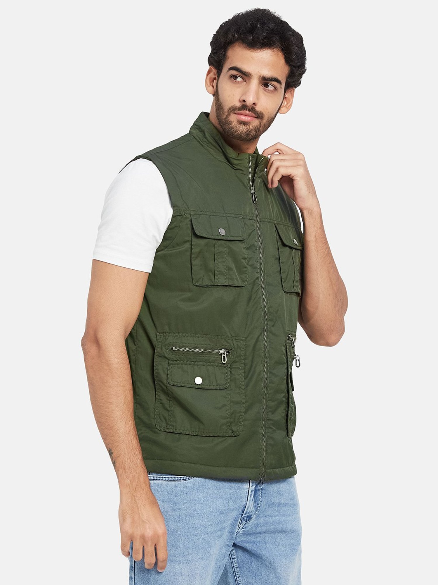 METTLE Olive Regular Fit Mock Collar Sleeveless Jacket