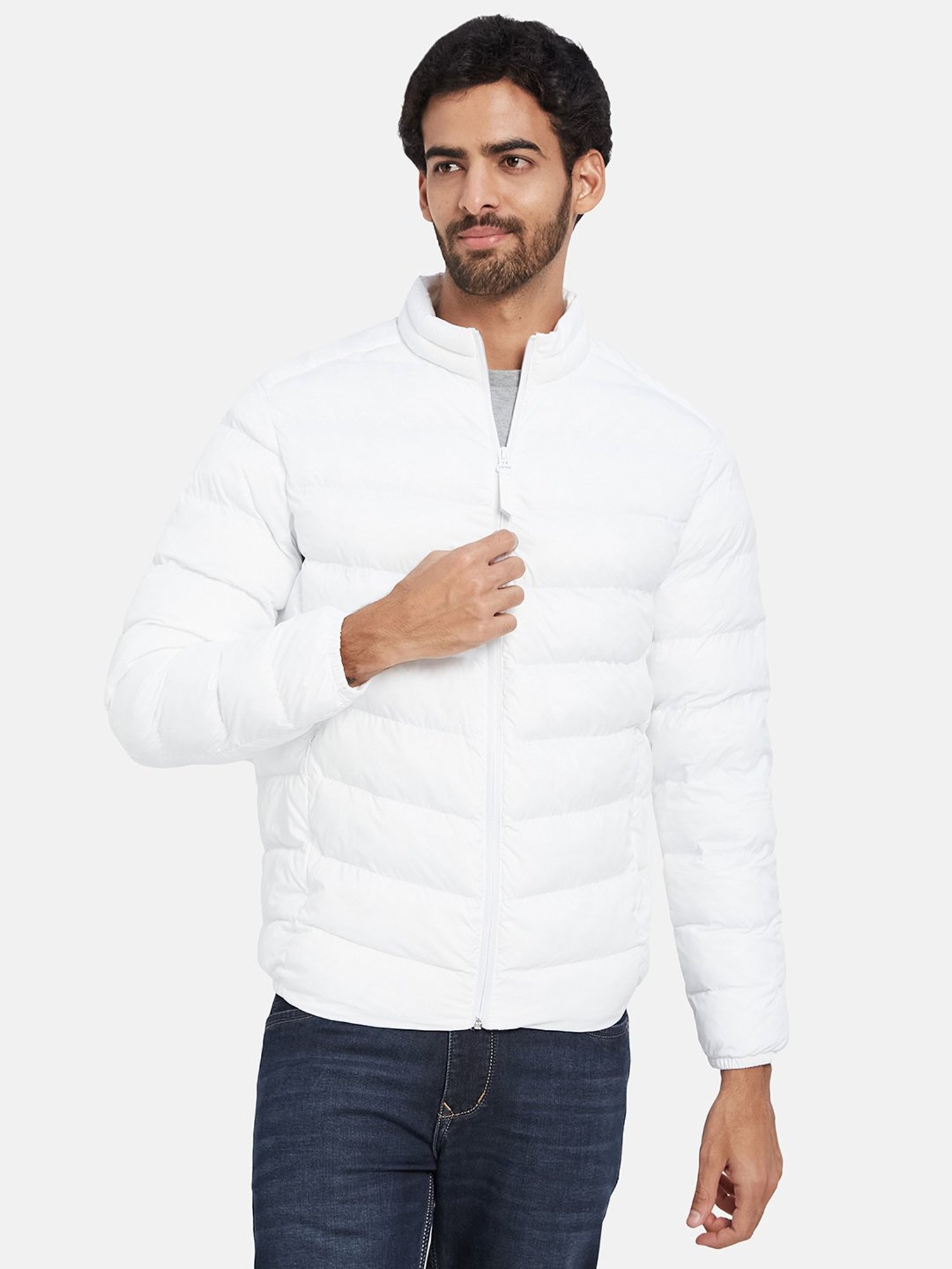 Buy Men's White Full Sleeve Puffer Hoodie Jacket Online at Sassafras