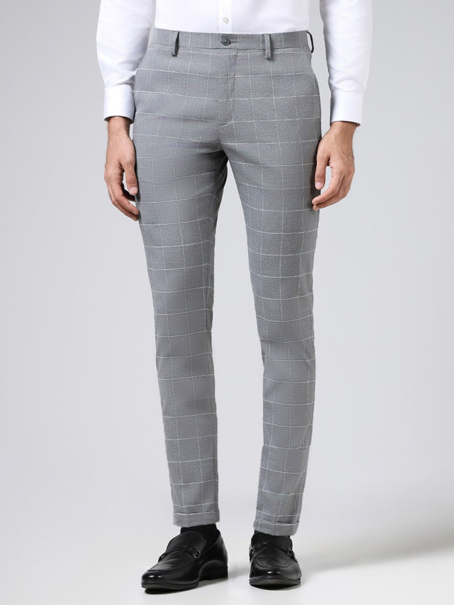 Buy BLACKBERRYS Grey Checked Cotton Stretch Slim Fit Mens Trousers |  Shoppers Stop