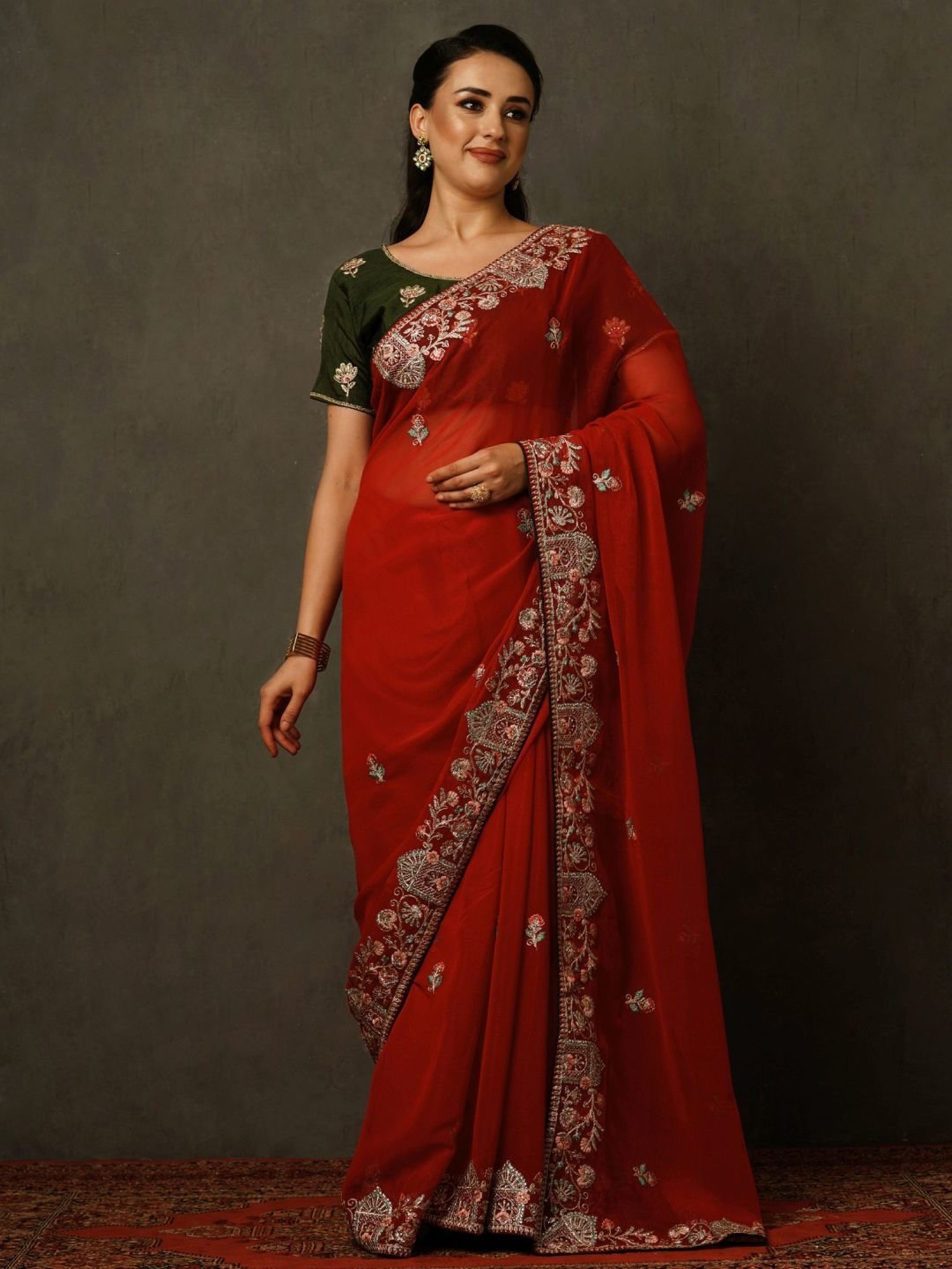 Saree Mall Red Embroidered Saree With Unstitched Blouse