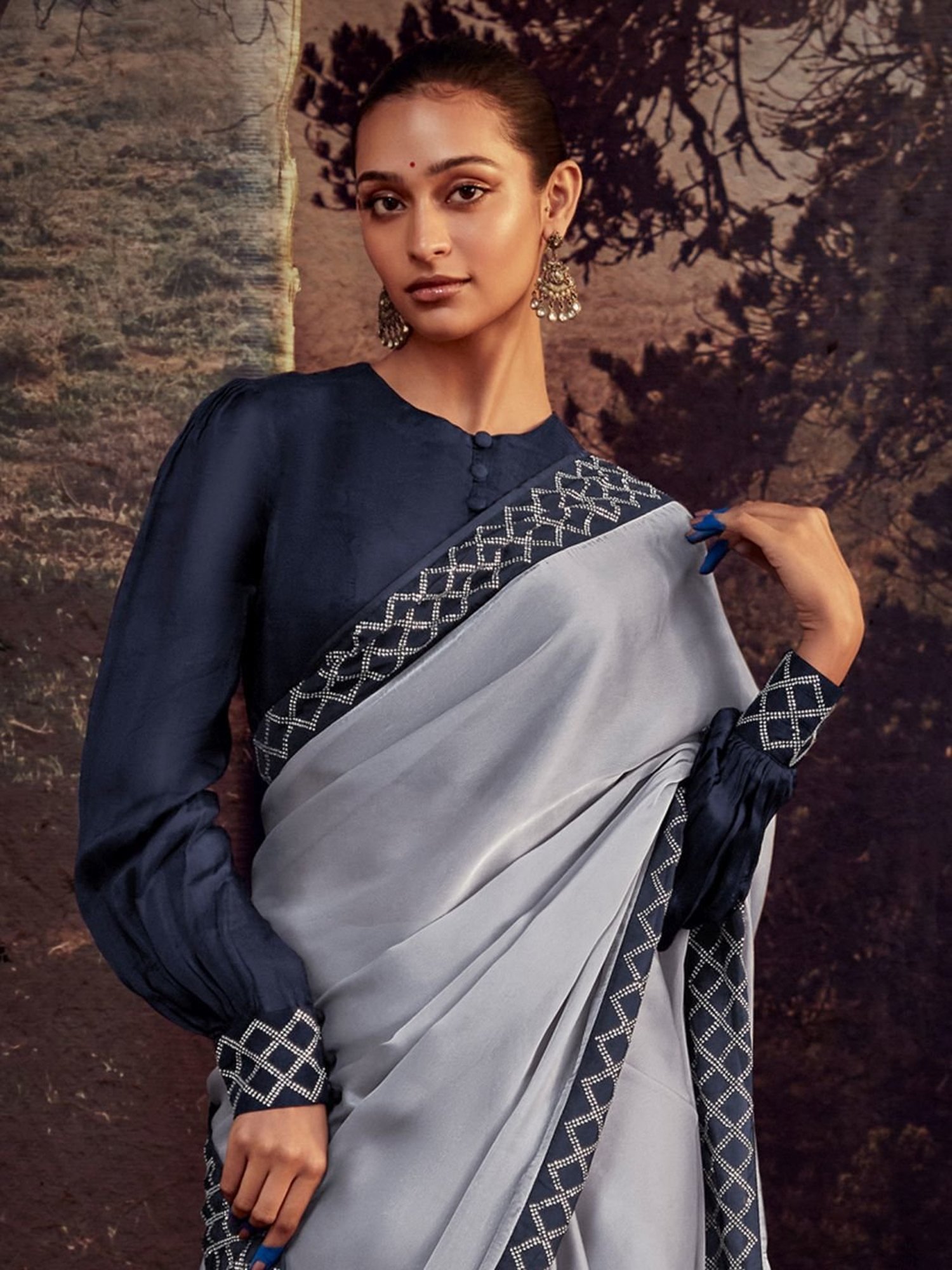 glass tissue light steel grey saree with stitched blouse, - Embroidery -  Sarees - Bollywood & Couture Embroidery
