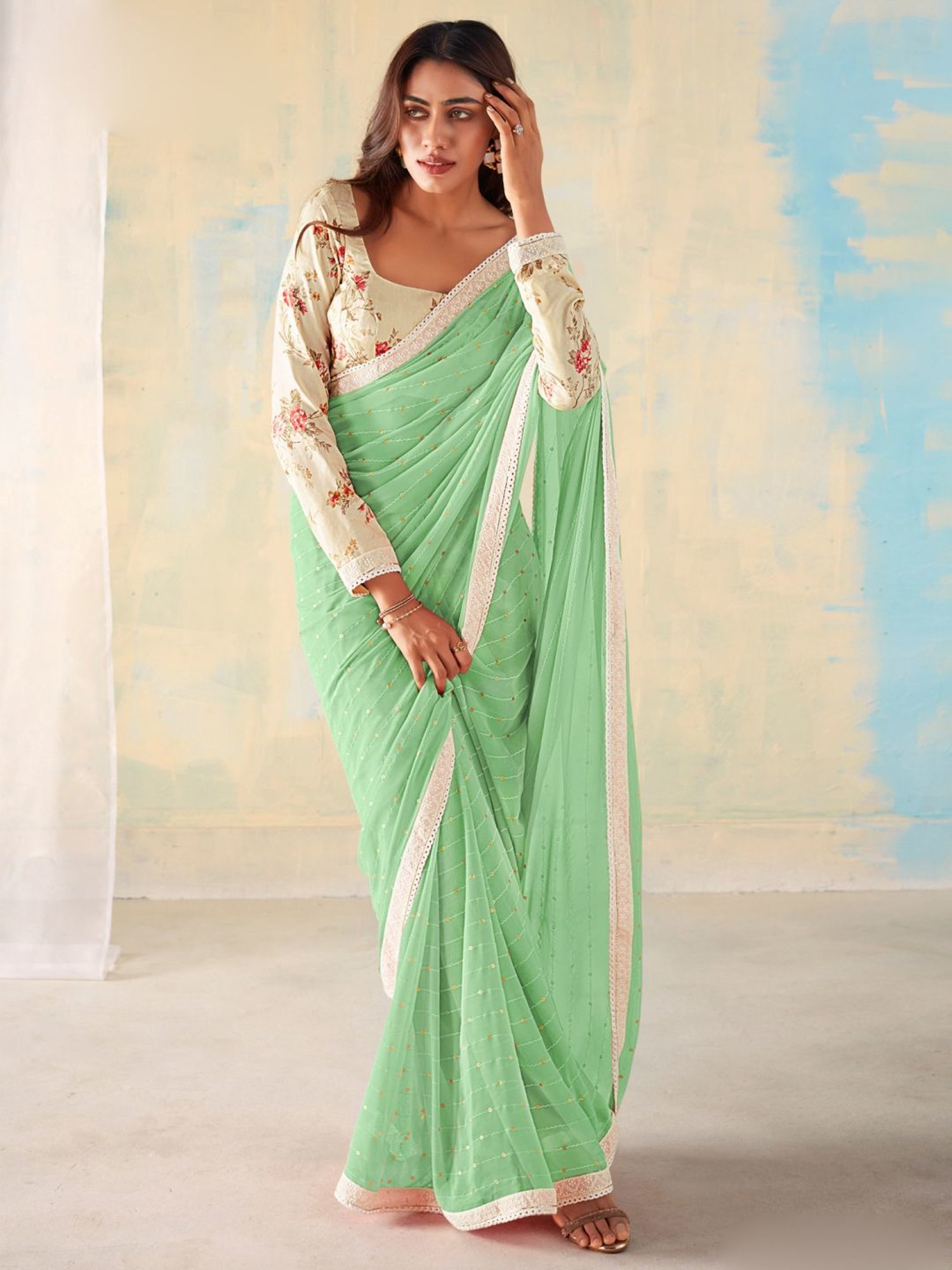 Saree Mall Green Embellished Saree With Unstitched Blouse