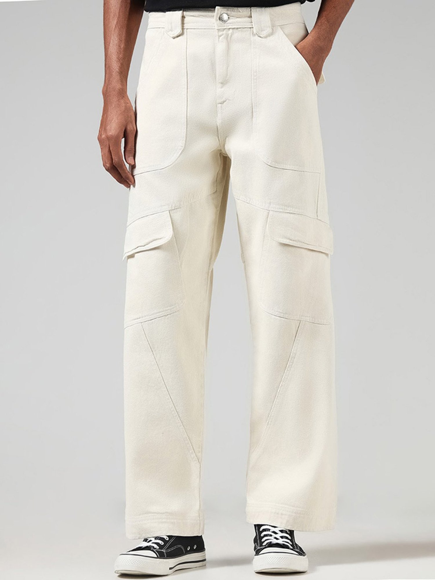 Buy Nuon Olive Relaxed Fit Full Length Cargo Trousers from Westside