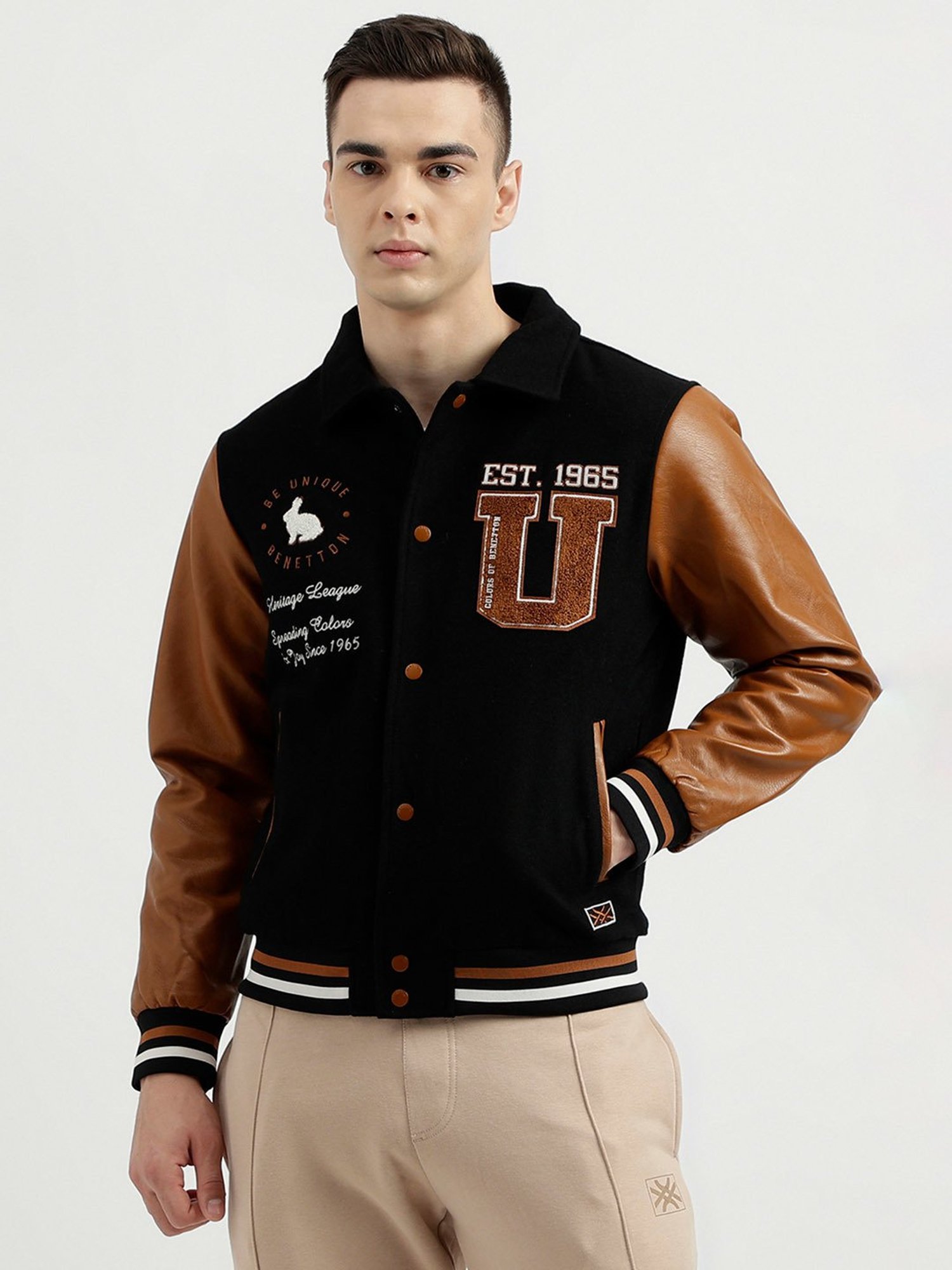 United Colors of Benetton Black & Brown Regular Fit Embroidered Varsity  Jacket