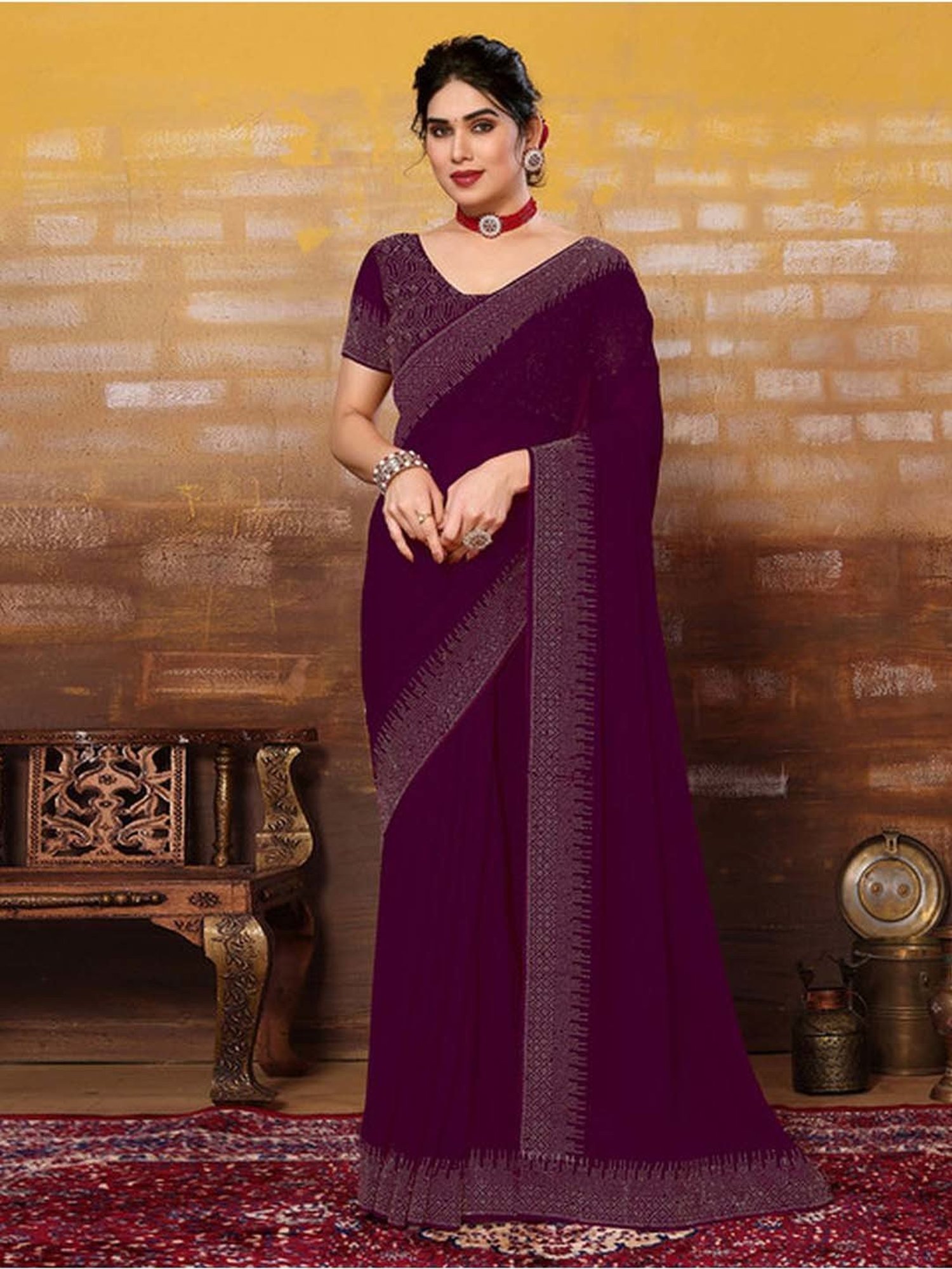 Dark Purple Shade Ready-made Lycra saree with attractive waist belt - Dress  me Royal