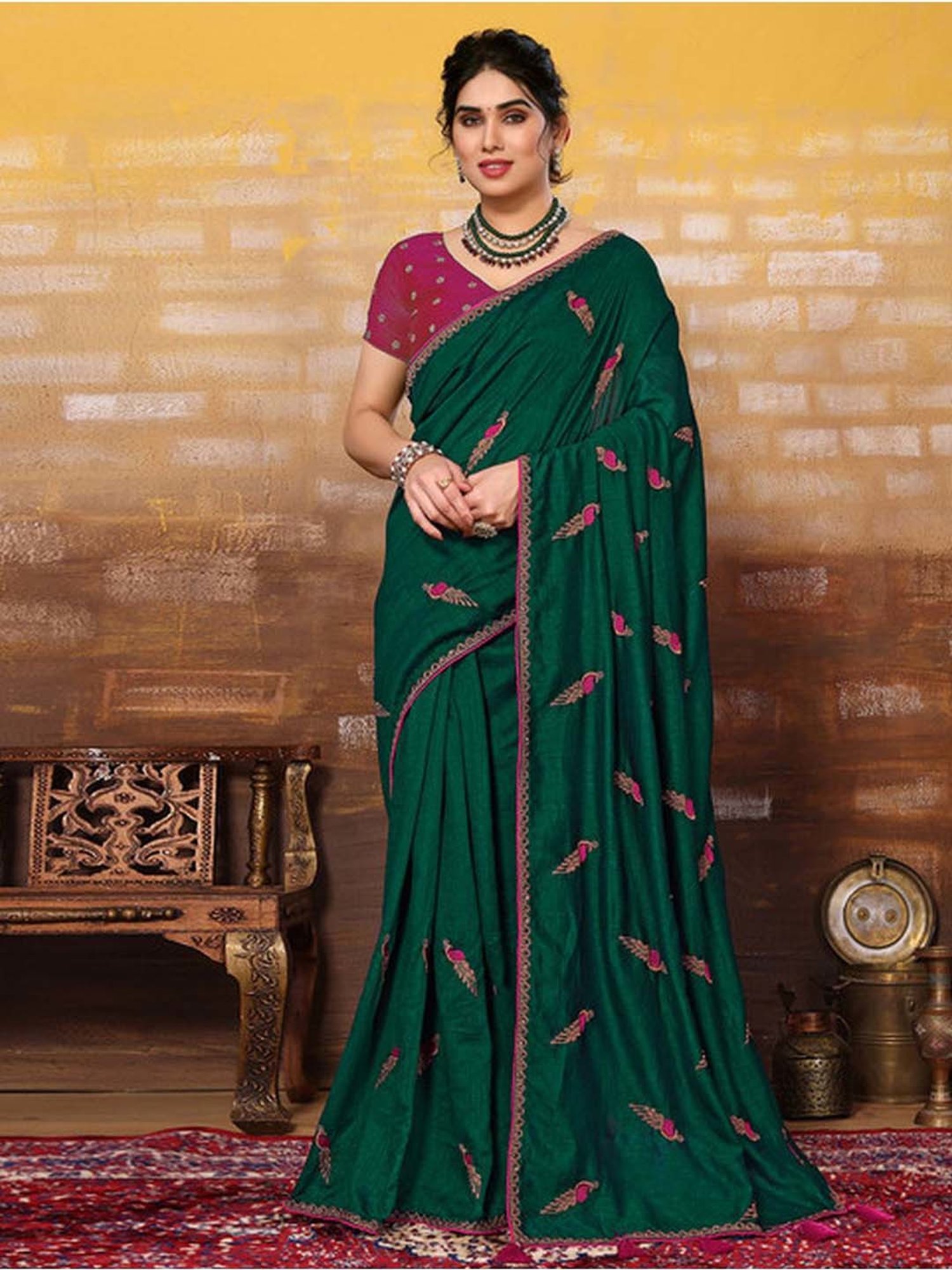 Satrani Pista Green Embroidered Saree With Unstitched Blouse