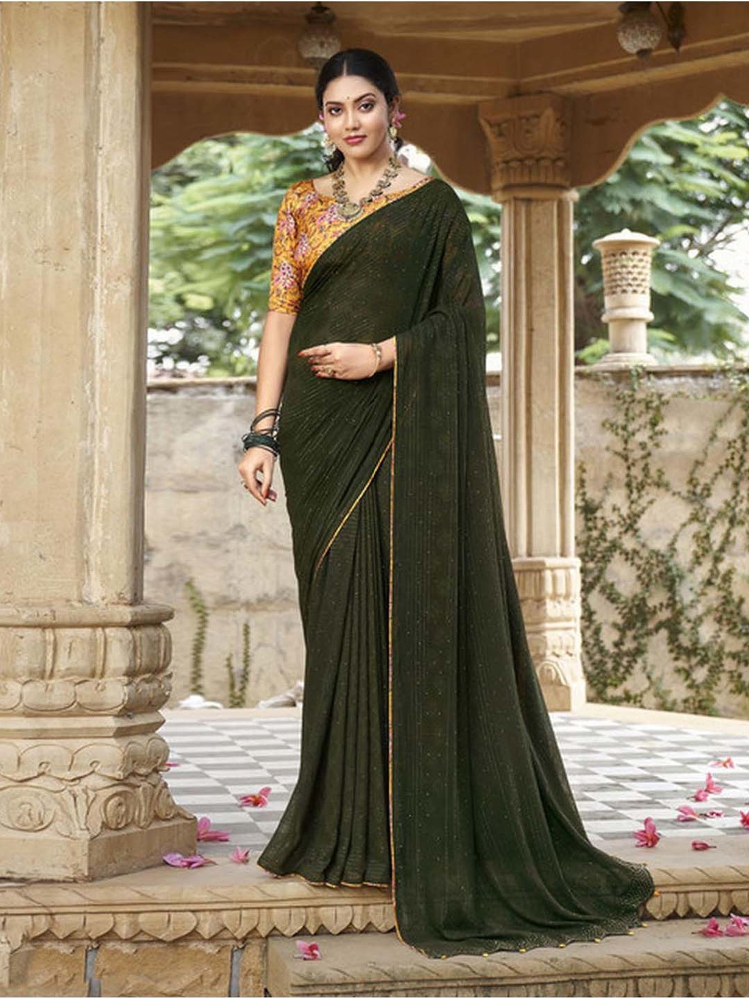 Satrani Pista Green Embroidered Saree With Unstitched Blouse