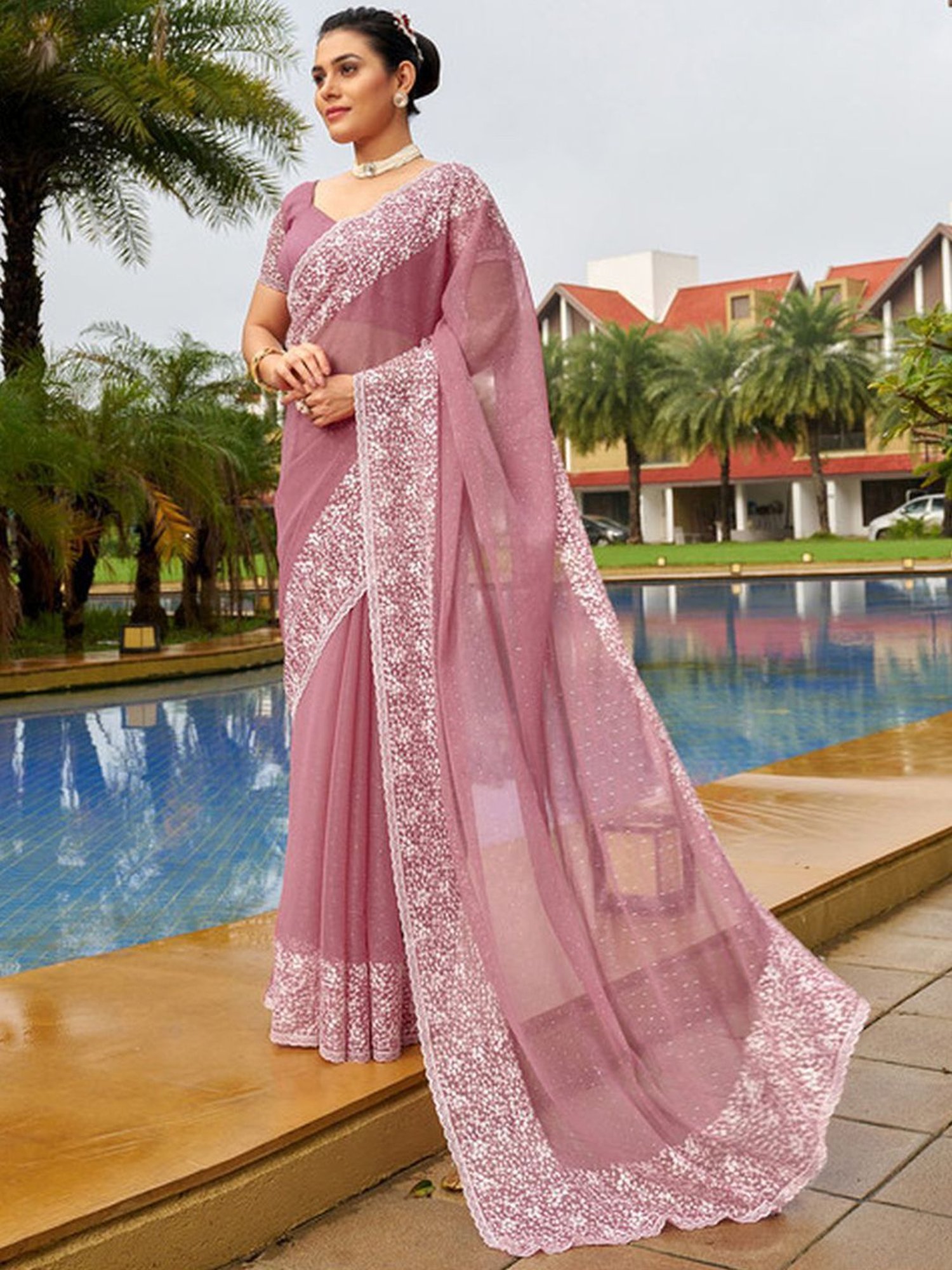 Dusty Pink Classic Saree with Silver Zari Work and Hand-Embroidered Details  - Seasons India