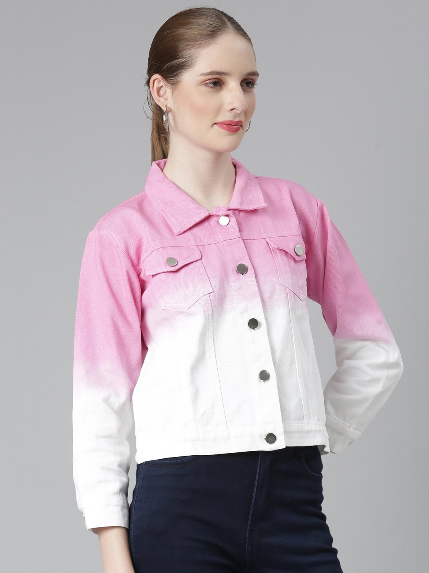 Pink colour block denim jacket sale