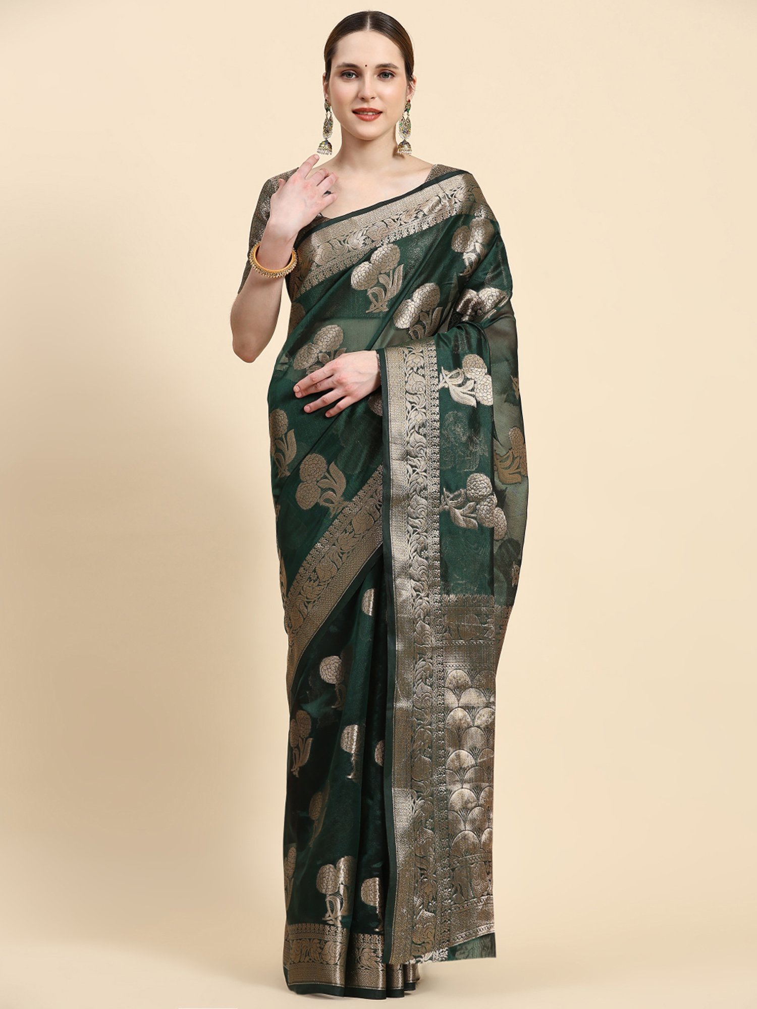 JUST FASHION Green Woven Saree With Unstitched Blouse