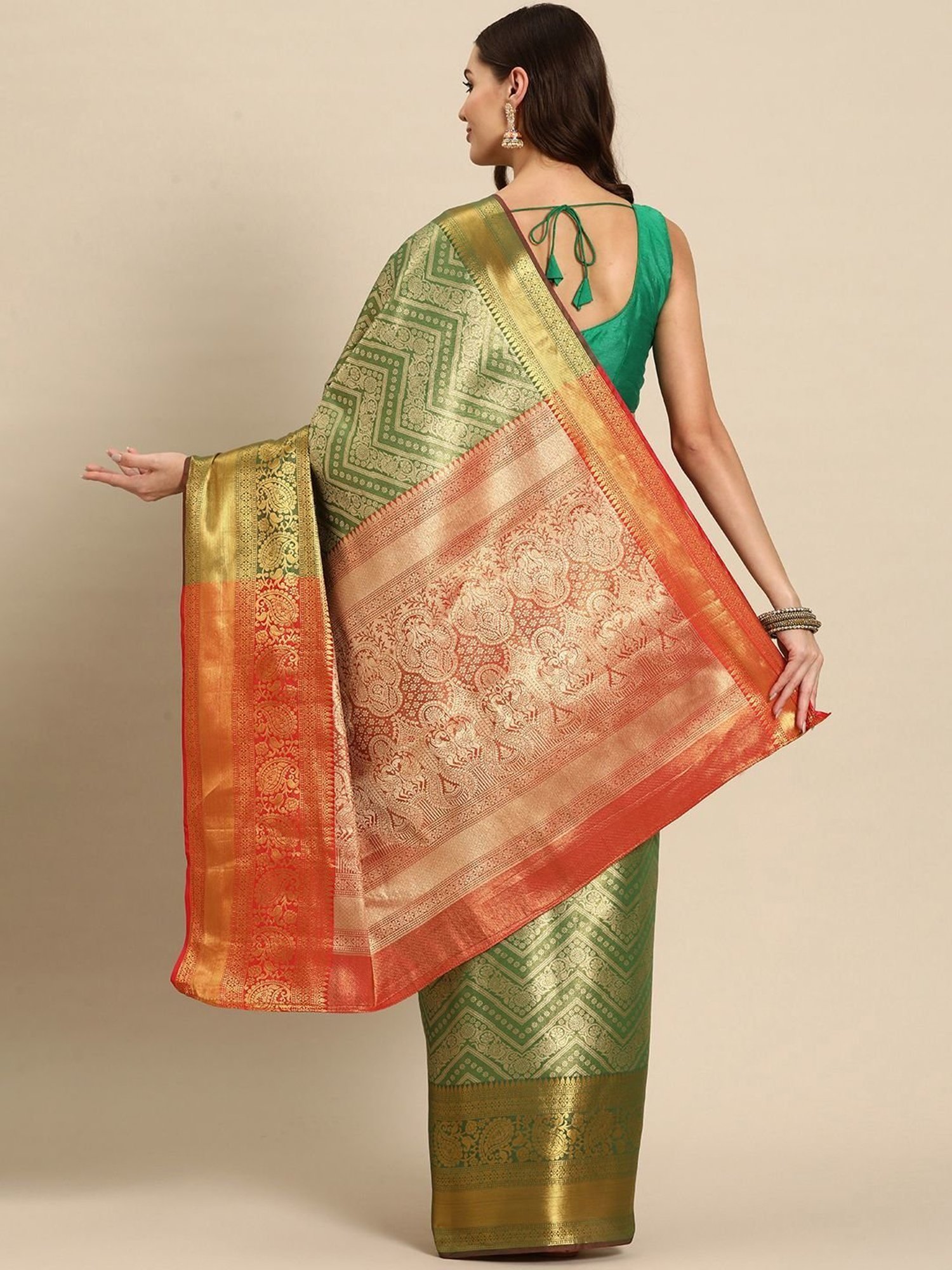 JUST FASHION Green Silk Woven Saree With Unstitched Blouse