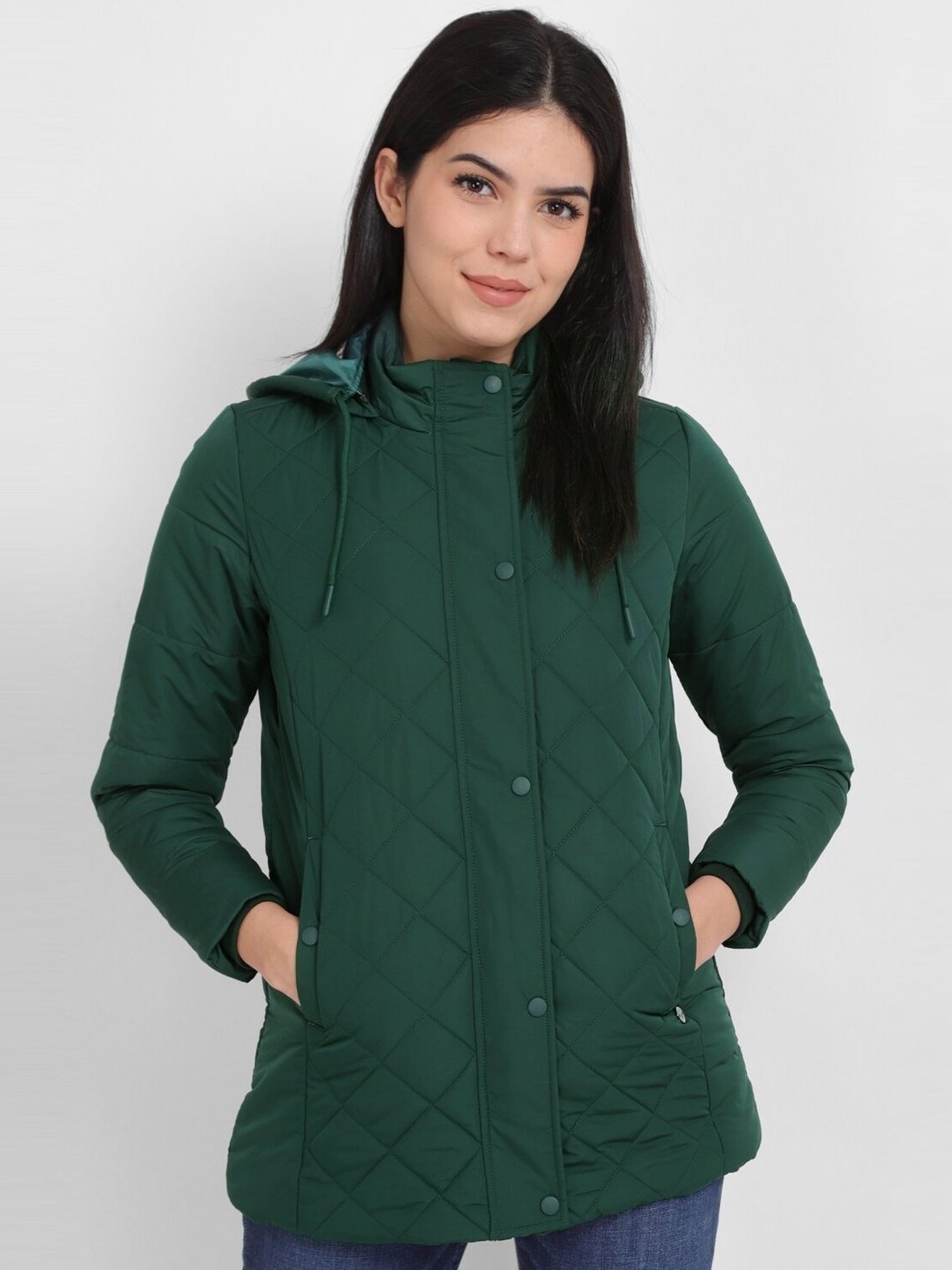 LC Waikiki Zipper Hooded Long Sleeve Mid Waist Coat For Women - Dark Green