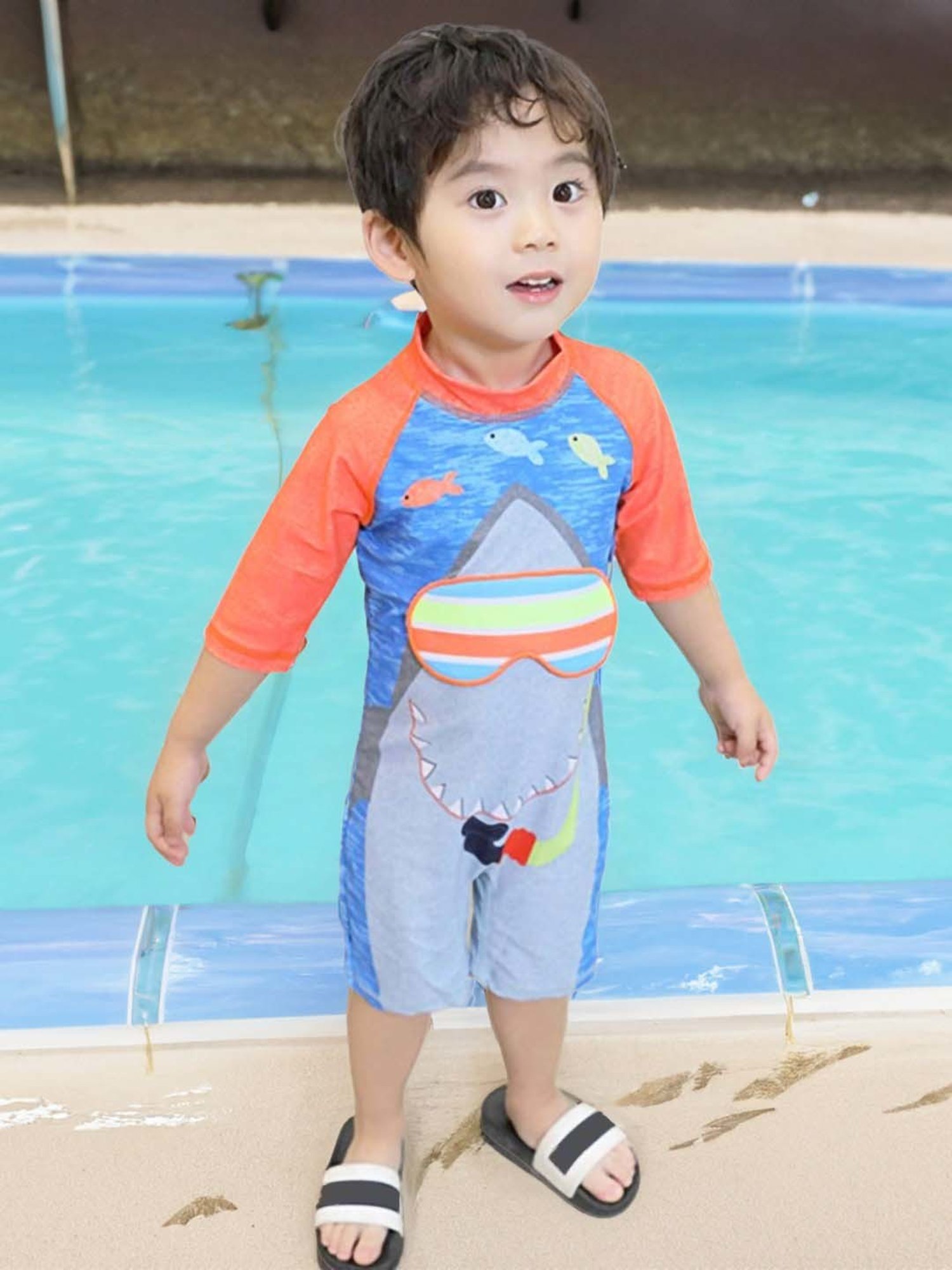 Baby Moo Kids Blue Orange Printed Swimming Costume