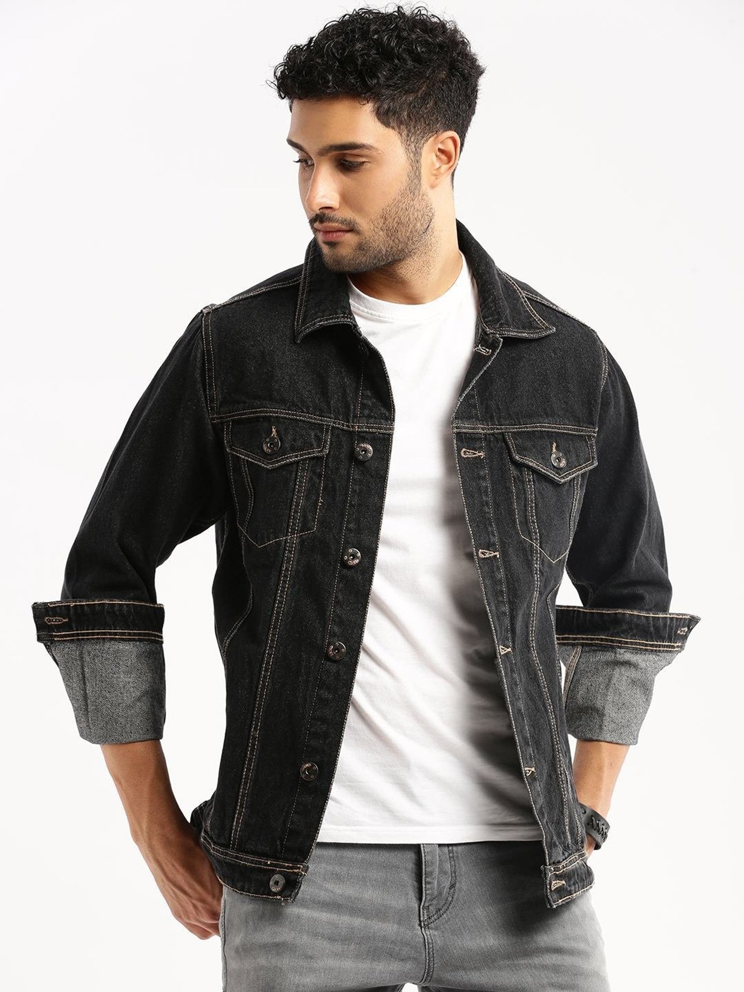 Buy SHOWOFF Coal Black Slim Fit Denim Jacket for Mens Online