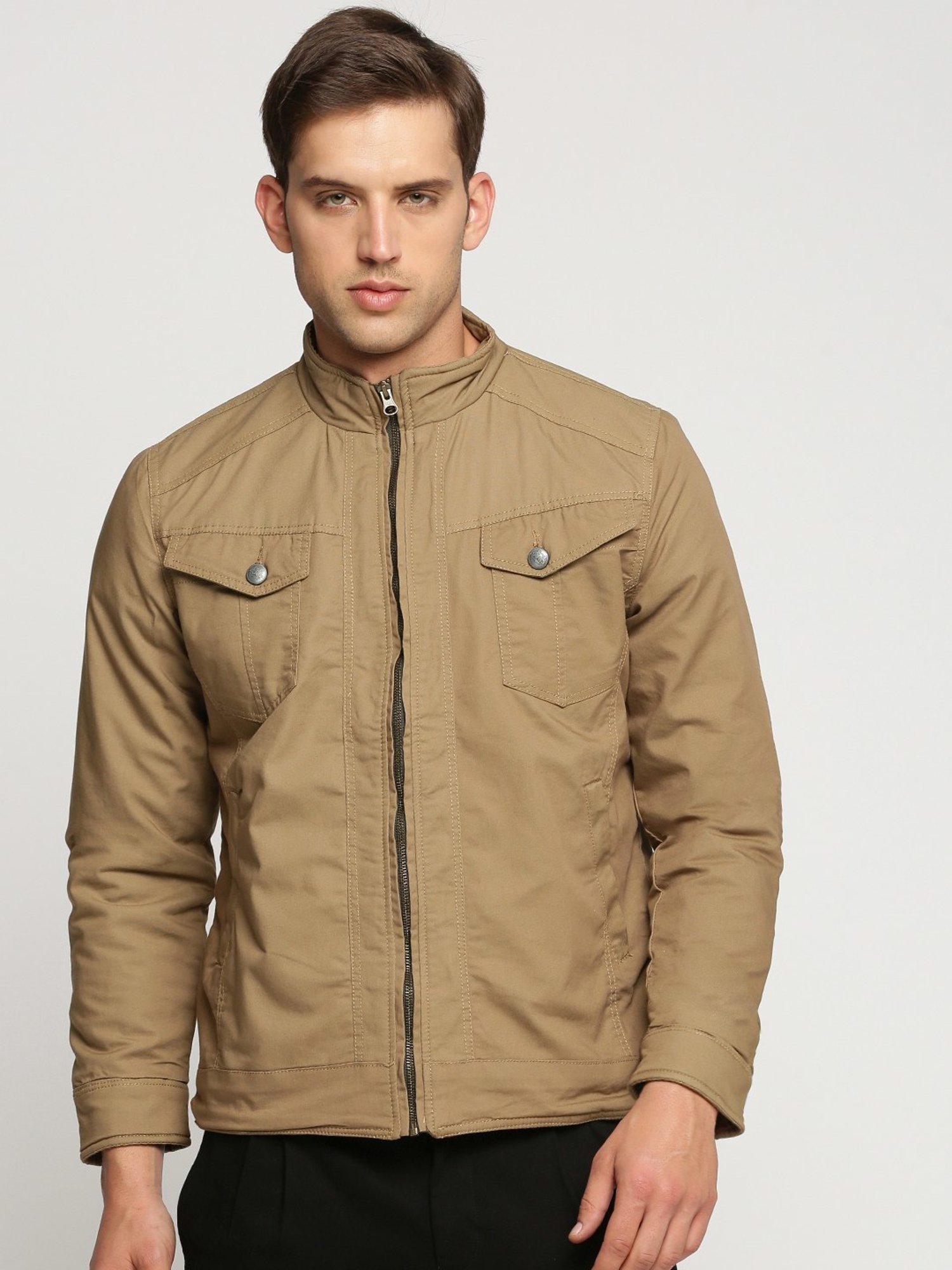 Men's Brown Solid Cotton Activewear Jackets