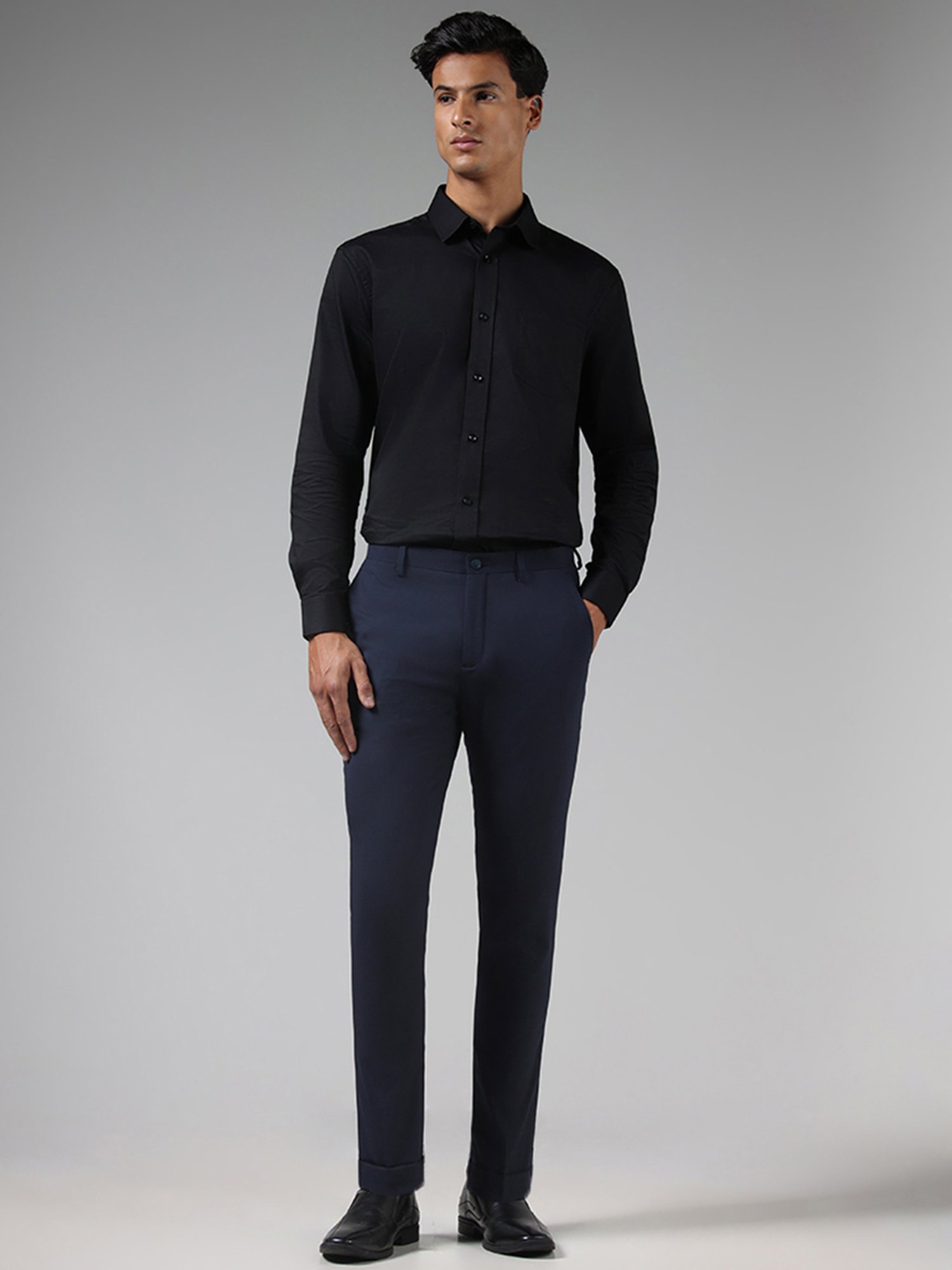 WES Formals by Westside Solid Dark Grey Ultra Slim Fit Trousers