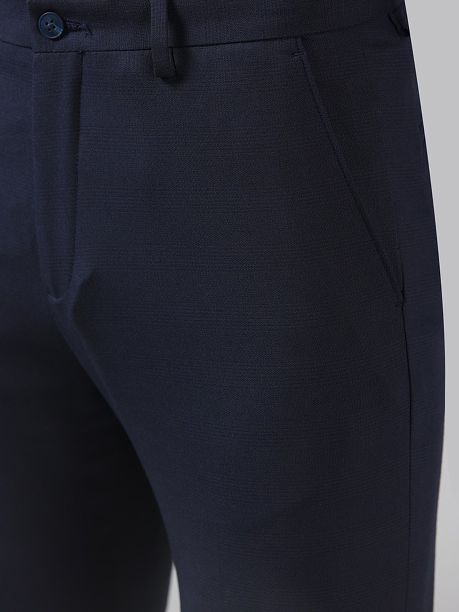 Buy WES Formals Solid Navy Carrot Fit Trousers from Westside