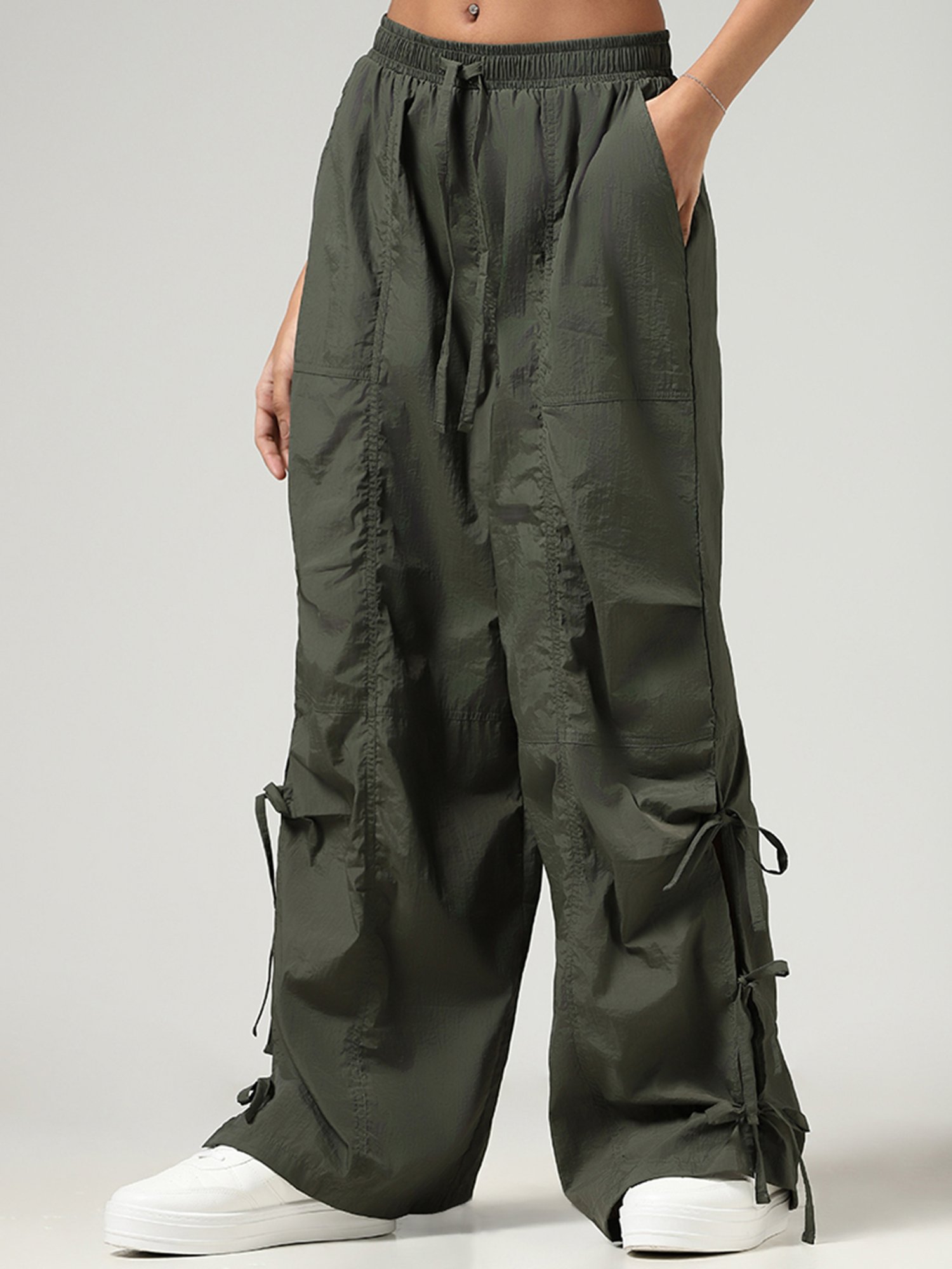 Buy Nuon by Westside Olive Tie-Up Detail Parachute Pants for