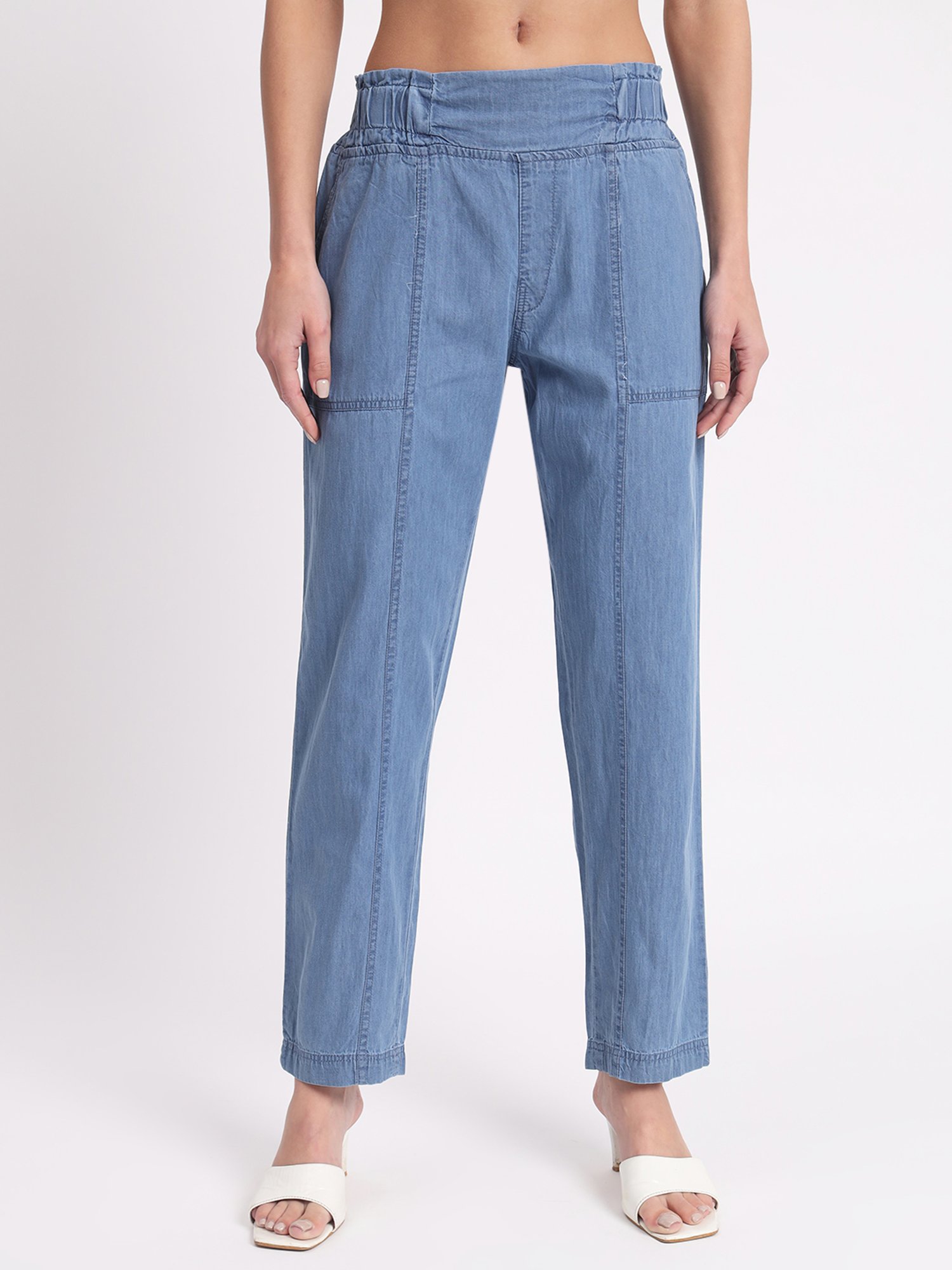 Buy Angelfab Sky Blue Denim Straight Fit High Rise Trousers for