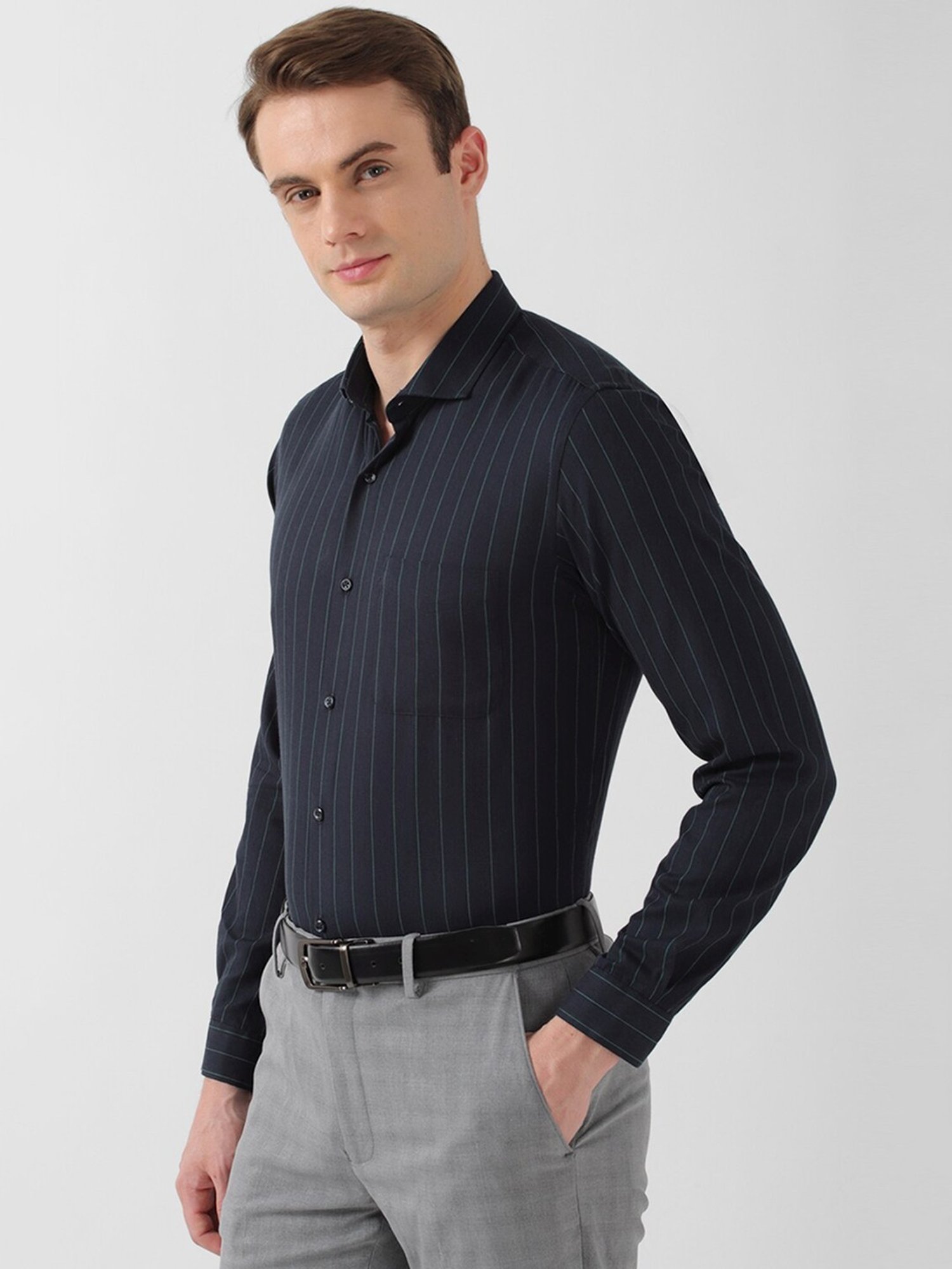 Peter England Black Slim Fit Striped Shirt