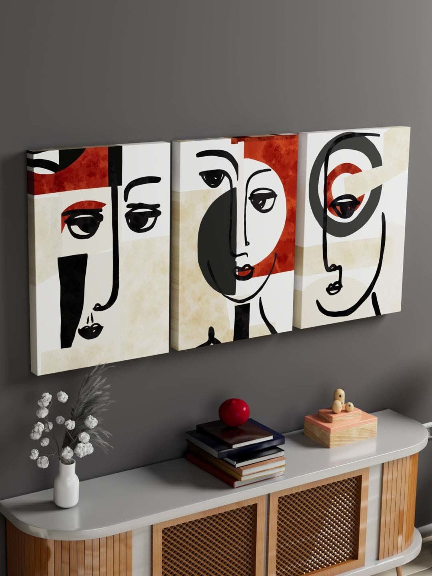 Buy Art Street Red Mantra Face Line Wall Art - Set of 3 at Best