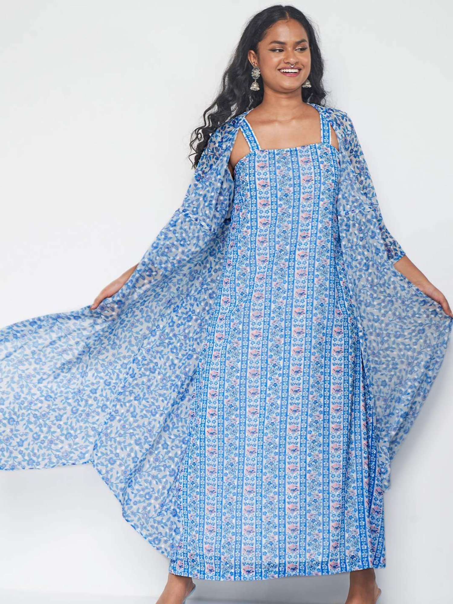 Global Desi Blue Printed Maxi Dress With Cape